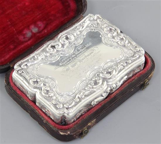 A good early Victorian silver table snuff box in original fitted case, Length 85mm mm Width 60mm Weight 4.7oz/135grms